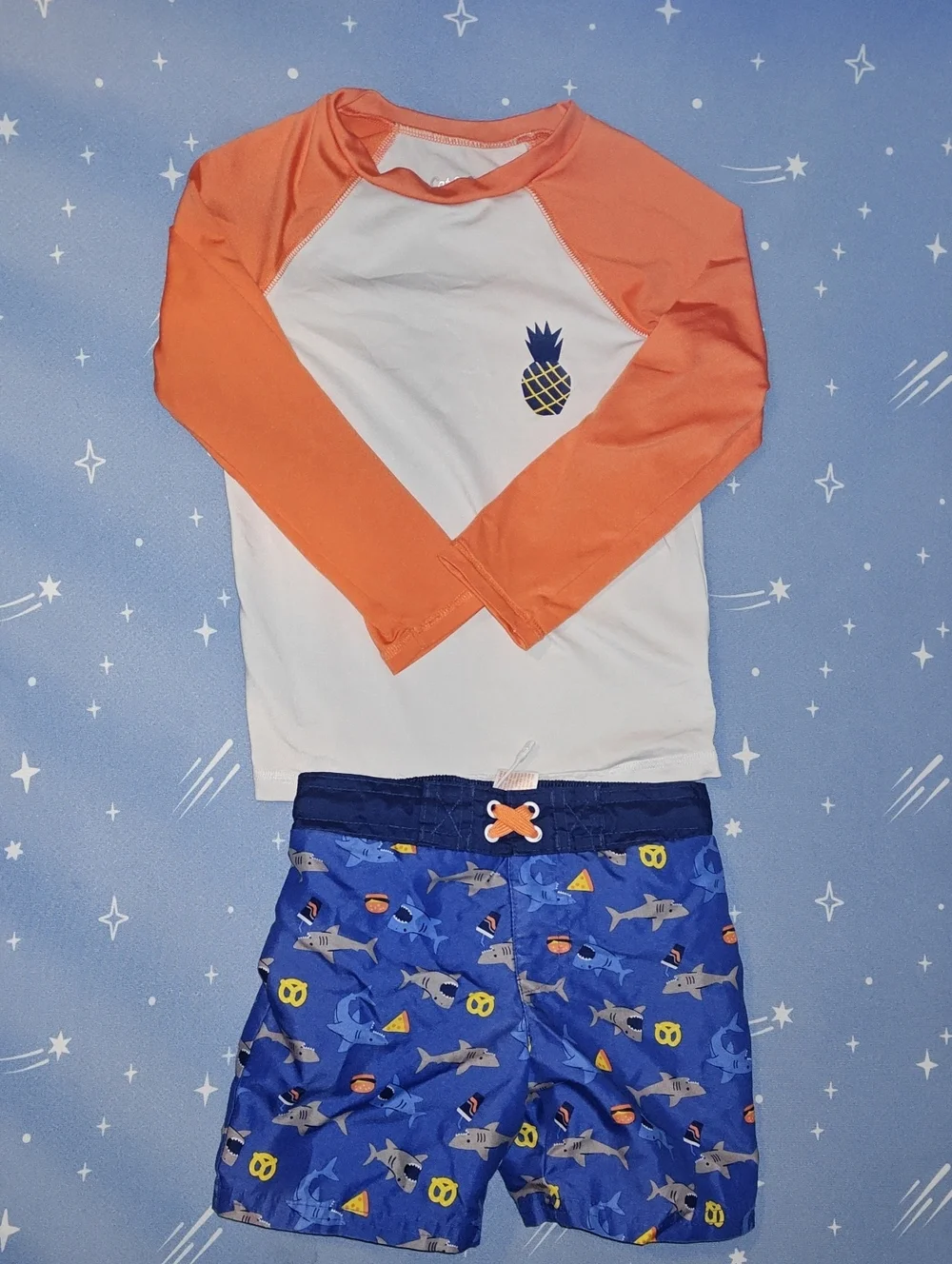 Cat & Jack Boys Orange & White Rash Guard with Blue Shark Swim Trunks